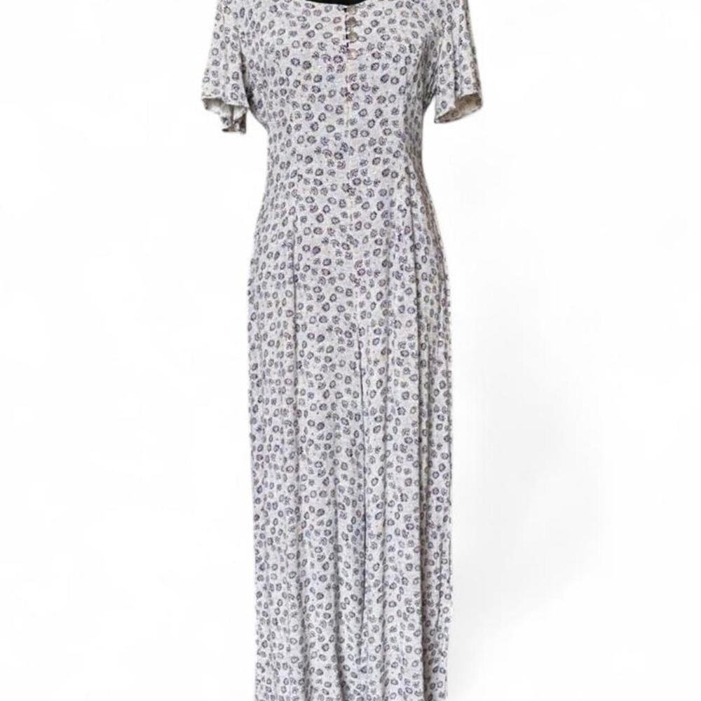 Vintage 90s Wide Leg Blue & White Rayon Jumpsuit – Minimalist Floral M